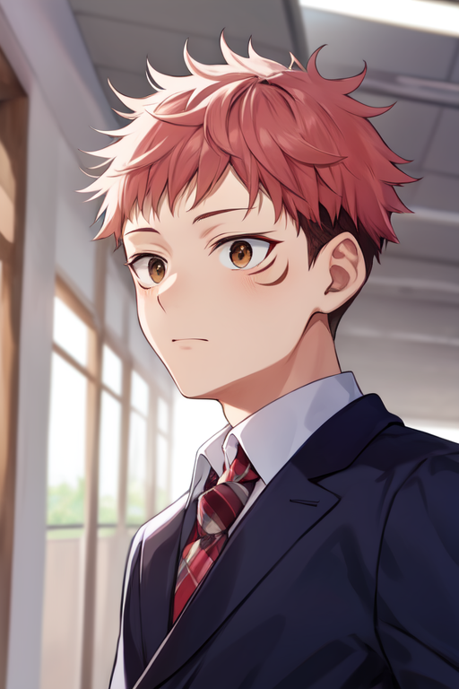 itadori yuuji,1boy,solo,make focus,pink hair,aoiked hair,short hair,undercut,facial mark,brown  (1).png